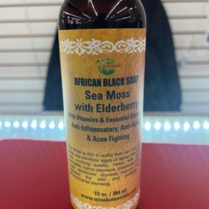 A bottle of african black soap with elderberry.