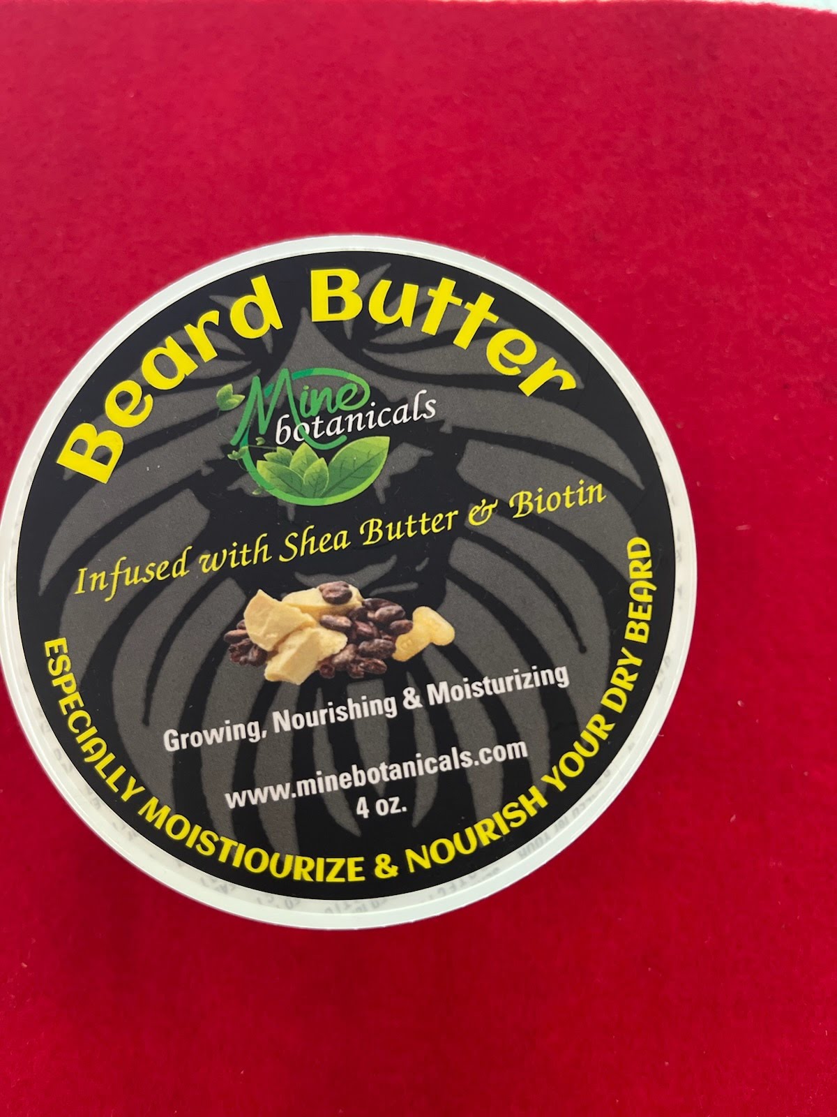 A red table with a label for a beard butter.