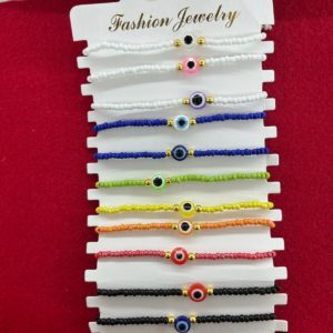 A display of different colors and sizes of bracelets.