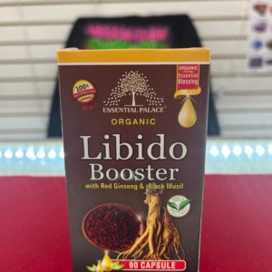 A box of organic libido booster with caffeine and herbal blend.