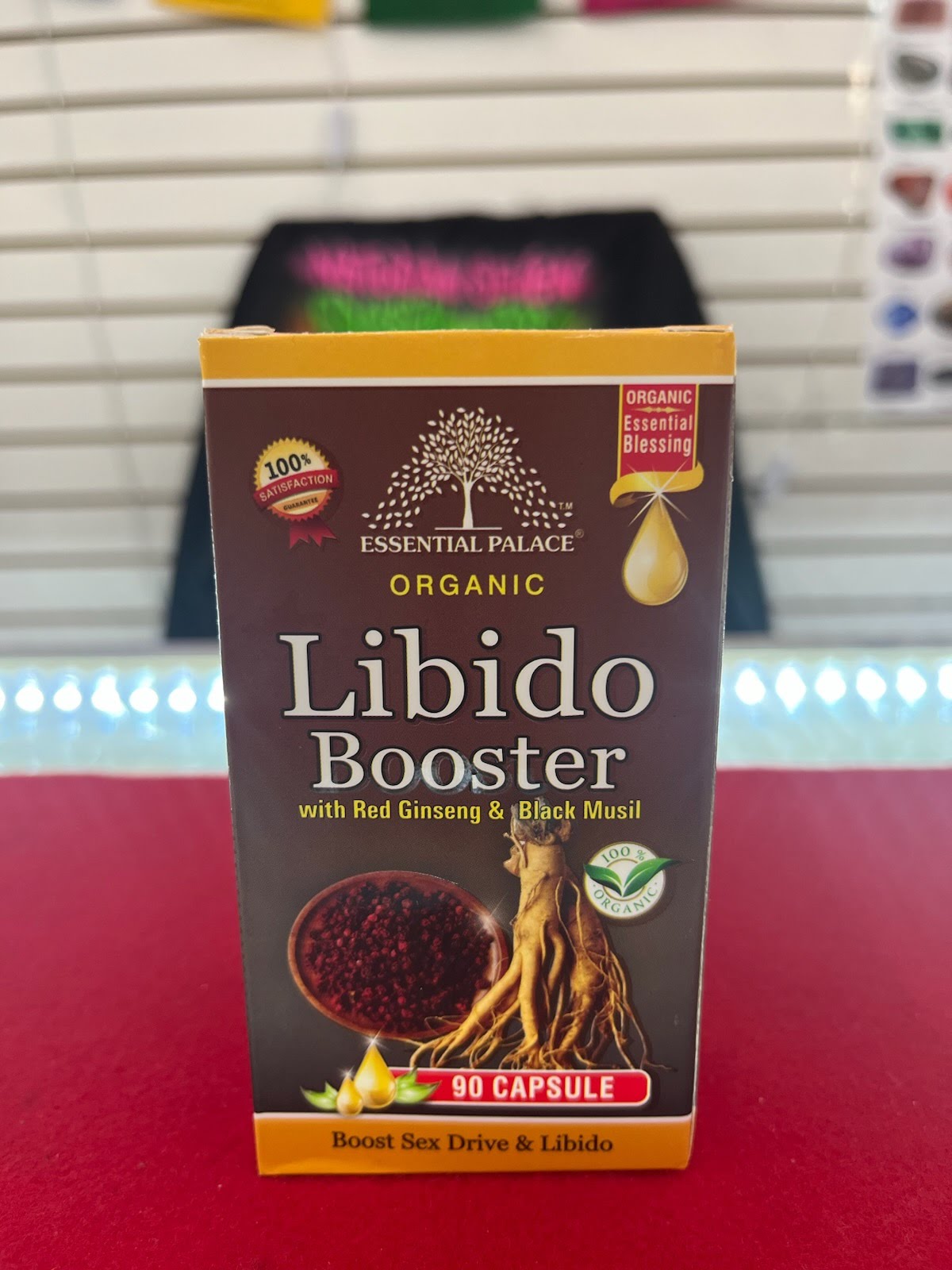 A box of organic libido booster with caffeine and herbal blend.