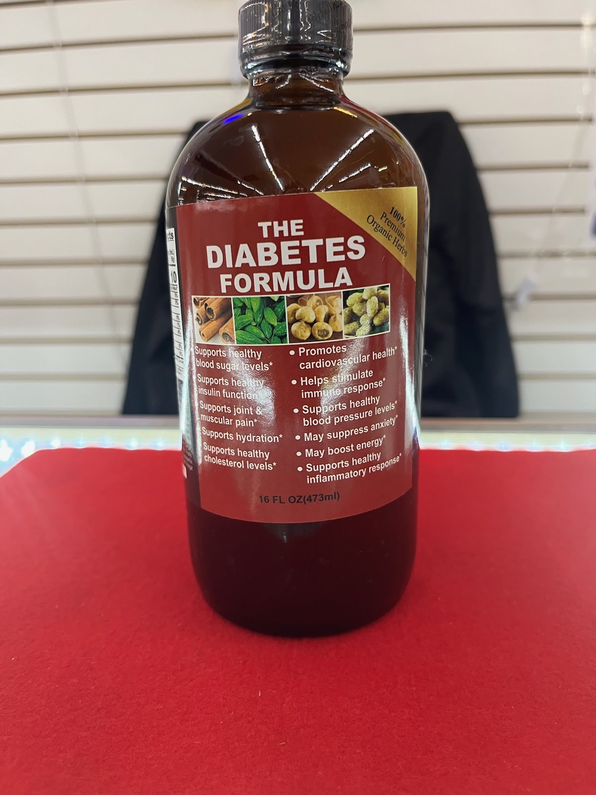 A bottle of liquid with the label for the diabetes formula.