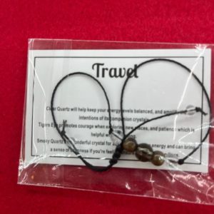 A bag of travel jewelry is shown on the table.